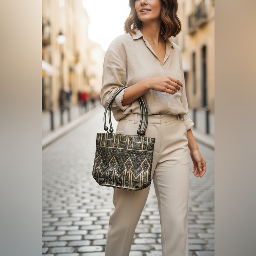 👜 Chico’s Genuine Leather Boho Tote Bag – Embossed Tribal Geometric Design